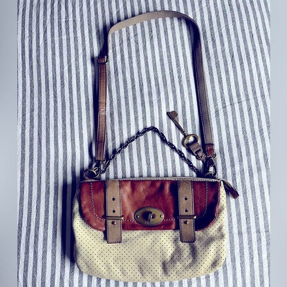 Fossil brown and off white leather crossbody purse - lots of compartments. - Picture 1 of 7